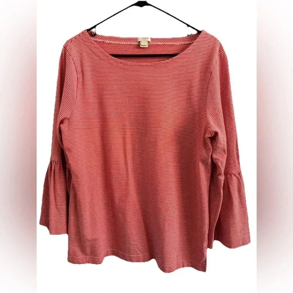 J. Crew Red & White Pinstriped 3/4 Bell Sleeve 100% Cotton Boat Neck Top Size L - Picture 4 of 16